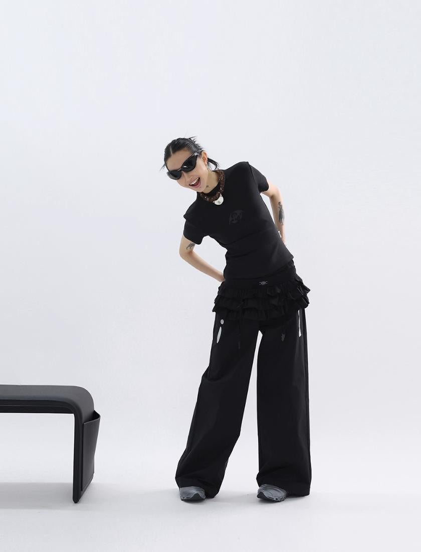 Kei Ruffled String Mini Skirt & Contrast Patch Pants Set-korean-fashion-Clothing Set-Kei's Closet-OH Garments
