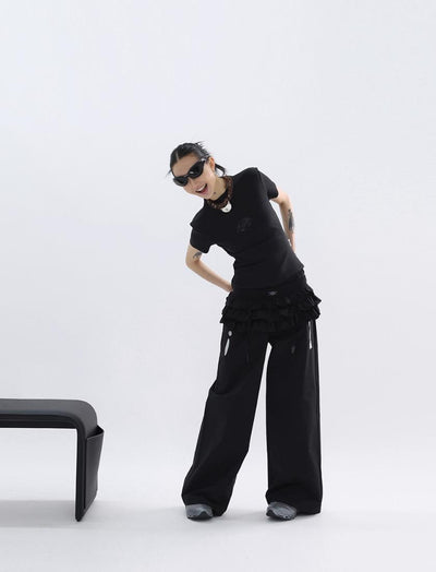 Kei Ruffled String Mini Skirt & Contrast Patch Pants Set-korean-fashion-Clothing Set-Kei's Closet-OH Garments