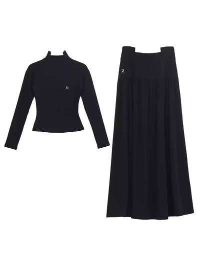 Kei Slim Fit Long Sleeve T-Shirt & Pleated Skirt Set-korean-fashion-Clothing Set-Kei's Closet-OH Garments