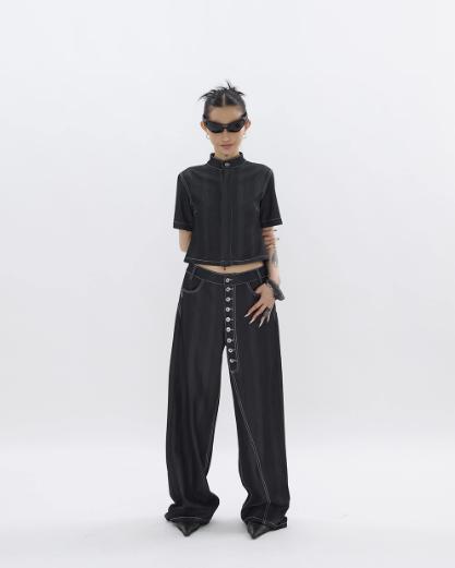 Kei Subtle Pattern Contrast Stitches Denim Shirt & Button-Down Jeans Set-korean-fashion-Clothing Set-Kei's Closet-OH Garments