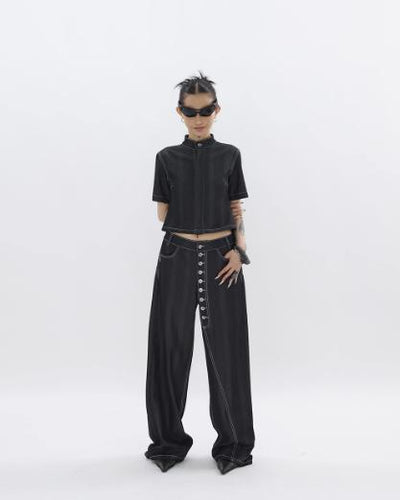 Kei Subtle Pattern Contrast Stitches Denim Shirt & Button-Down Jeans Set-korean-fashion-Clothing Set-Kei's Closet-OH Garments