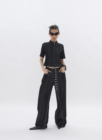 Kei Subtle Pattern Contrast Stitches Denim Shirt & Button-Down Jeans Set-korean-fashion-Clothing Set-Kei's Closet-OH Garments