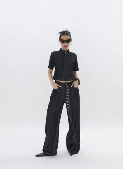 Kei Subtle Pattern Contrast Stitches Denim Shirt & Button-Down Jeans Set-korean-fashion-Clothing Set-Kei's Closet-OH Garments