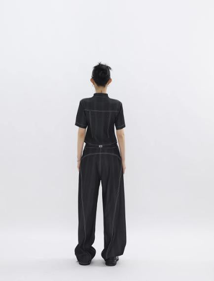 Kei Subtle Pattern Contrast Stitches Denim Shirt & Button-Down Jeans Set-korean-fashion-Clothing Set-Kei's Closet-OH Garments