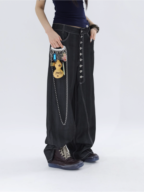 Kei Subtle Pattern Contrast Stitches Denim Shirt & Button-Down Jeans Set-korean-fashion-Clothing Set-Kei's Closet-OH Garments