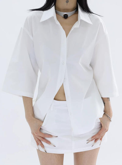 Kei Tencel Button-Down Cropped Shirt & Slant Pocket Skirt Set-korean-fashion-Clothing Set-Kei's Closet-OH Garments