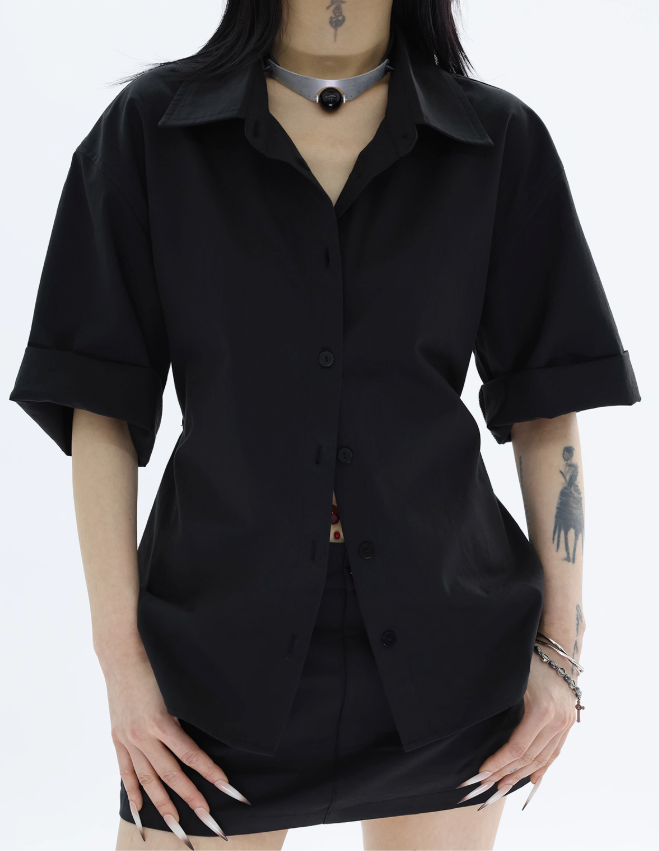Kei Tencel Button-Down Cropped Shirt & Slant Pocket Skirt Set-korean-fashion-Clothing Set-Kei's Closet-OH Garments