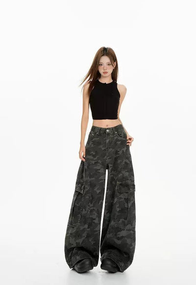 Lazy Camouflage Cargo Wide Leg Pants-korean-fashion-Jeans-Lazy's Closet-OH Garments