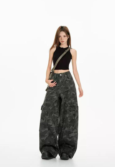 Lazy Camouflage Cargo Wide Leg Pants-korean-fashion-Jeans-Lazy's Closet-OH Garments