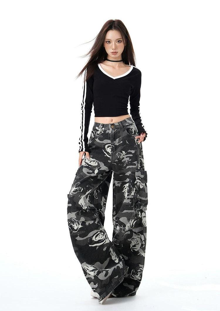 Lazy Camouflage Rose Pattern Wide Jeans-korean-fashion-Jeans-Lazy's Closet-OH Garments