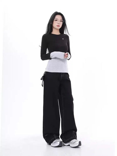 Lazy Contrast Layered Long Sleeve T-Shirt-korean-fashion-T-Shirt-Lazy's Closet-OH Garments