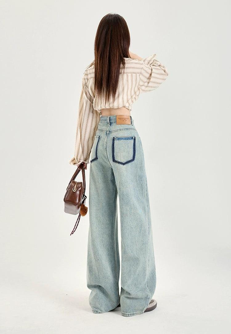 Lazy Contrast Lined Back Pockets Jeans-korean-fashion-Jeans-Lazy's Closet-OH Garments