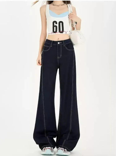 Lazy Contrast Stitched Wide Jeans-korean-fashion-Jeans-Lazy's Closet-OH Garments