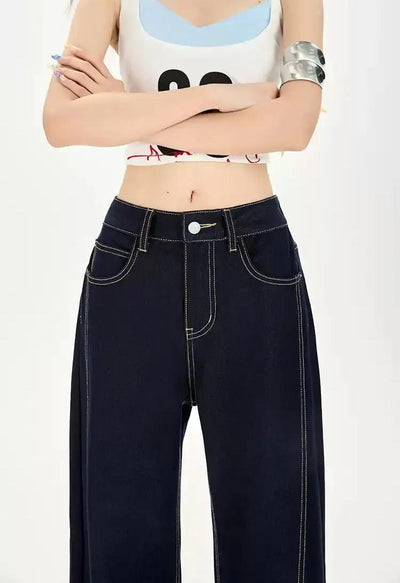 Lazy Contrast Stitched Wide Jeans-korean-fashion-Jeans-Lazy's Closet-OH Garments