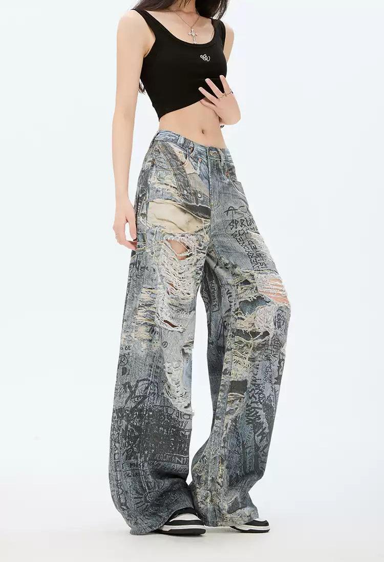 Lazy Distressed Graffiti Ripped Jeans-korean-fashion-Jeans-Lazy's Closet-OH Garments