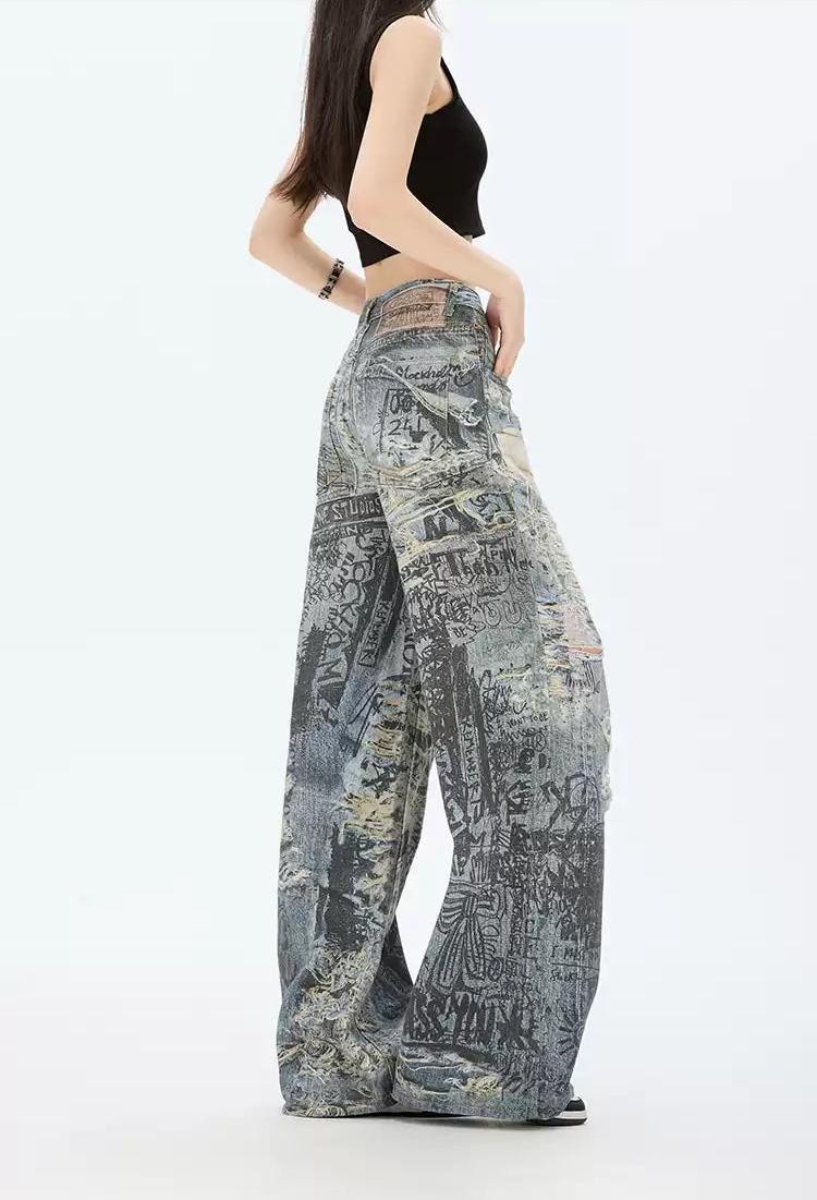 Lazy Distressed Graffiti Ripped Jeans-korean-fashion-Jeans-Lazy's Closet-OH Garments