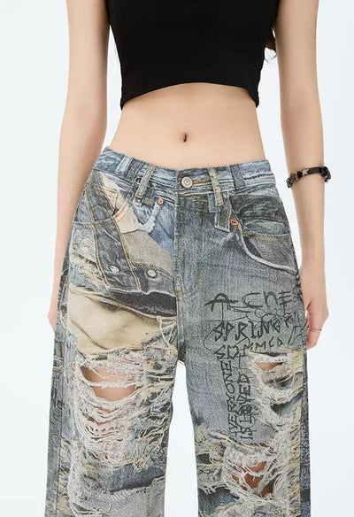Lazy Distressed Graffiti Ripped Jeans-korean-fashion-Jeans-Lazy's Closet-OH Garments