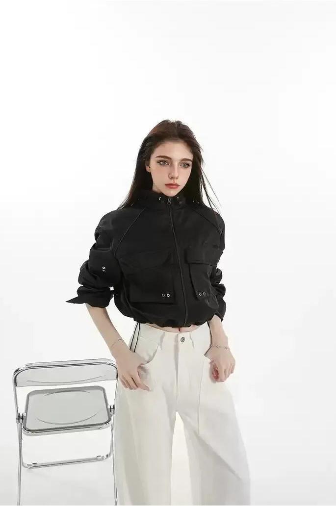 Lazy Embossed Pocket Cropped Moto Jacket-korean-fashion-Jacket-Lazy's Closet-OH Garments