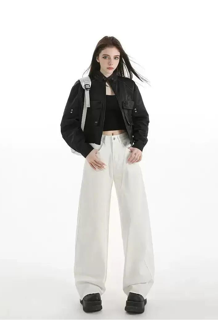 Lazy Embossed Pocket Cropped Moto Jacket-korean-fashion-Jacket-Lazy's Closet-OH Garments