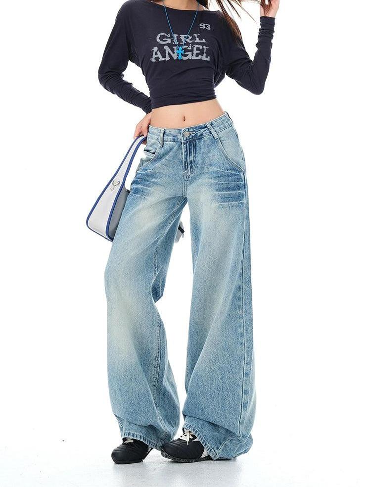 Lazy Faded and Whisker Lines Wide Jeans-korean-fashion-Jeans-Lazy's Closet-OH Garments