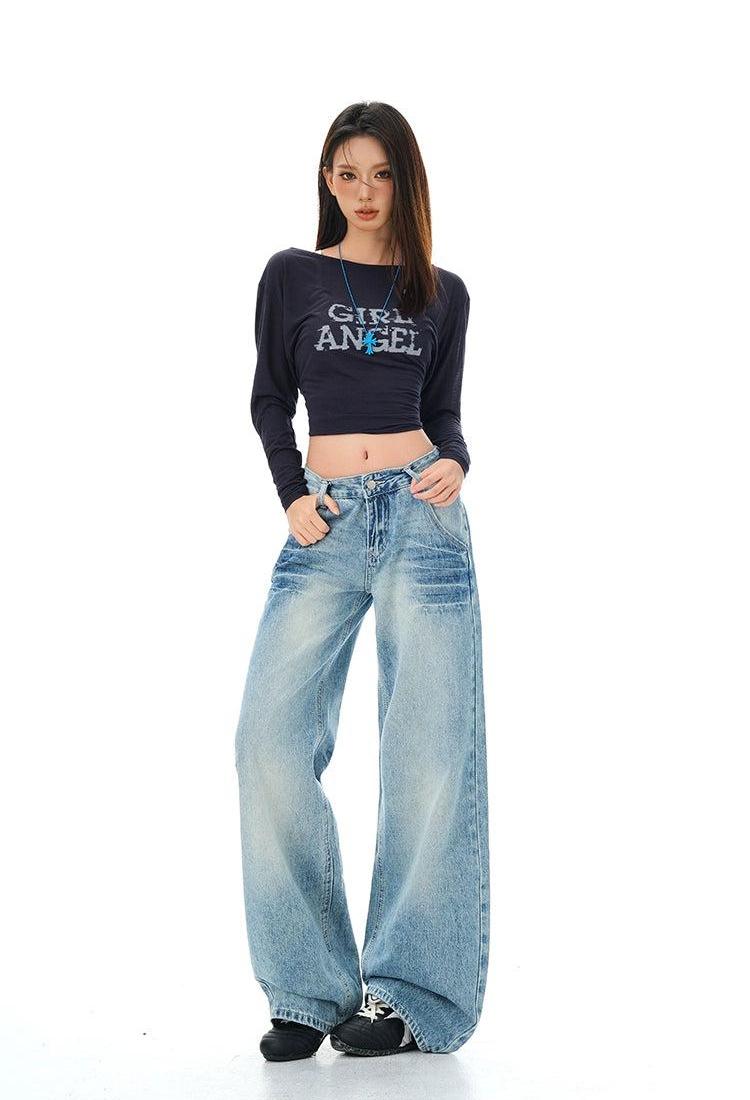 Lazy Faded and Whisker Lines Wide Jeans-korean-fashion-Jeans-Lazy's Closet-OH Garments