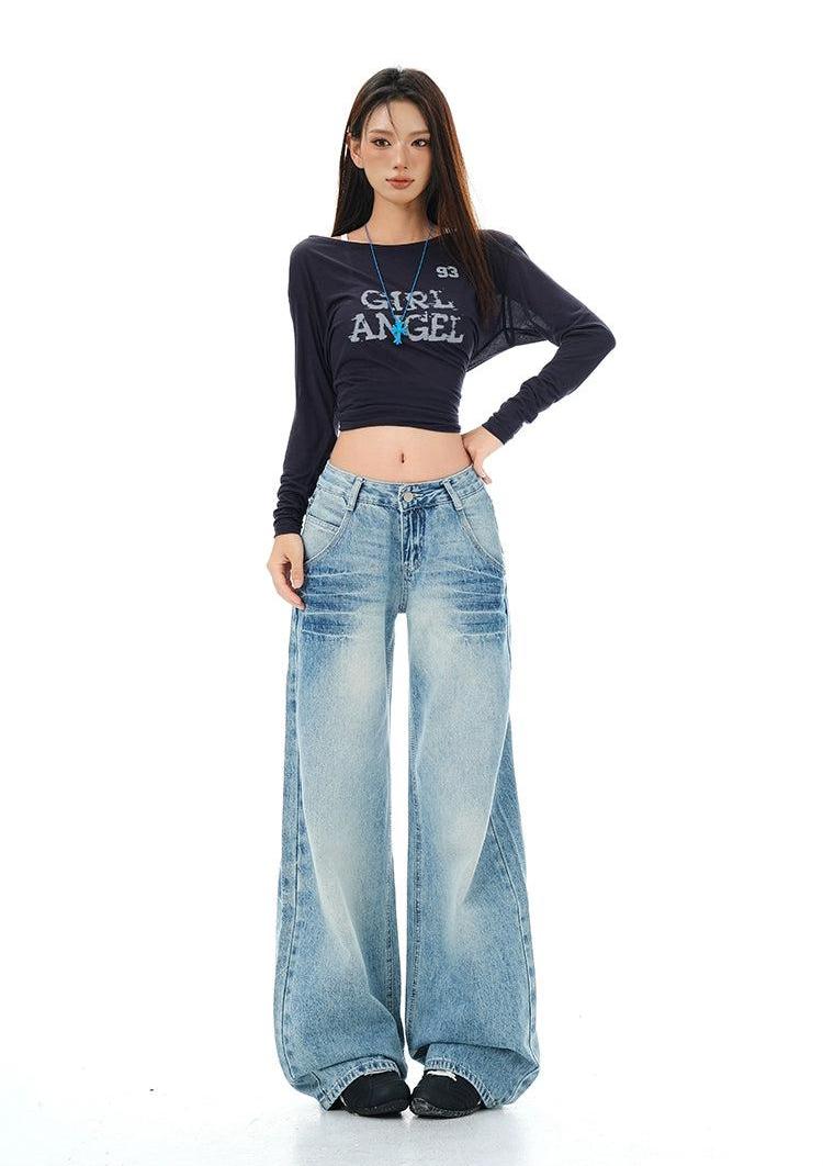 Lazy Faded and Whisker Lines Wide Jeans-korean-fashion-Jeans-Lazy's Closet-OH Garments