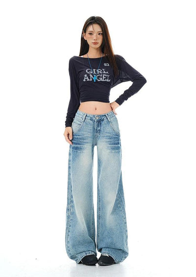 Lazy Faded and Whisker Lines Wide Jeans-korean-fashion-Jeans-Lazy's Closet-OH Garments