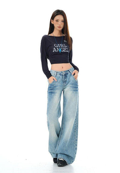 Lazy Faded and Whisker Lines Wide Jeans-korean-fashion-Jeans-Lazy's Closet-OH Garments