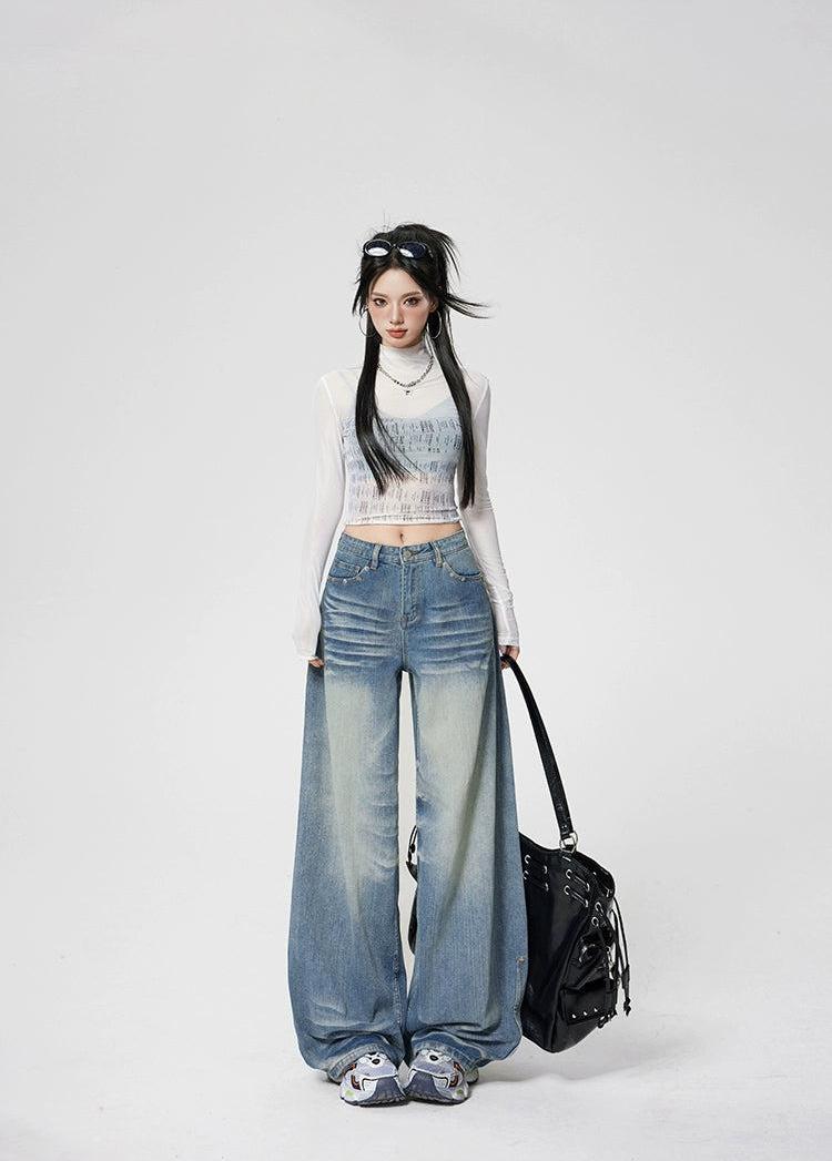 Lazy Faded Highlight Loose Jeans-korean-fashion-Jeans-Lazy's Closet-OH Garments