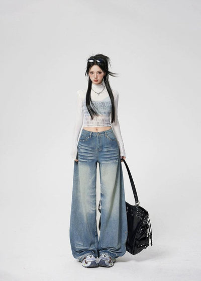 Lazy Faded Highlight Loose Jeans-korean-fashion-Jeans-Lazy's Closet-OH Garments