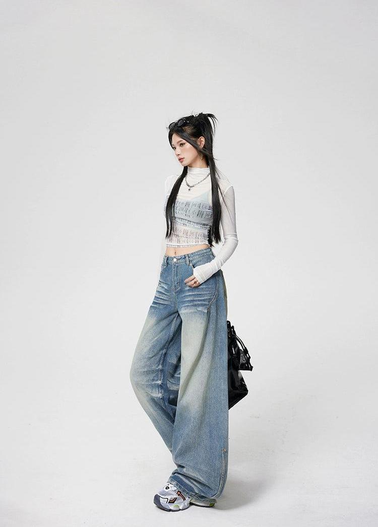 Lazy Faded Highlight Loose Jeans-korean-fashion-Jeans-Lazy's Closet-OH Garments