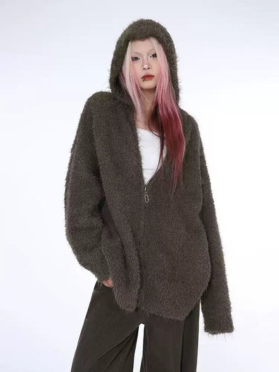 Lazy Fuzzy Hooded Zipped Sweater-korean-fashion-Sweater-Lazy's Closet-OH Garments