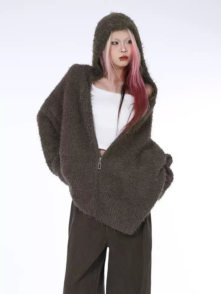 Lazy Fuzzy Hooded Zipped Sweater-korean-fashion-Sweater-Lazy's Closet-OH Garments