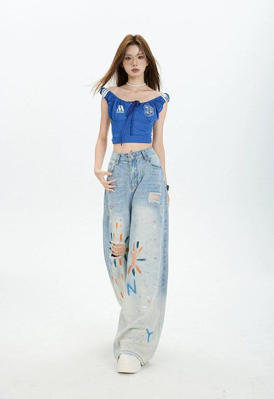 Lazy Gradient Graffiti Wide Ripped Jeans-korean-fashion-Jeans-Lazy's Closet-OH Garments