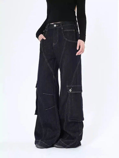 Lazy Oversized Pocket Stitched Detail Cargo Jeans-korean-fashion-Jeans-Lazy's Closet-OH Garments