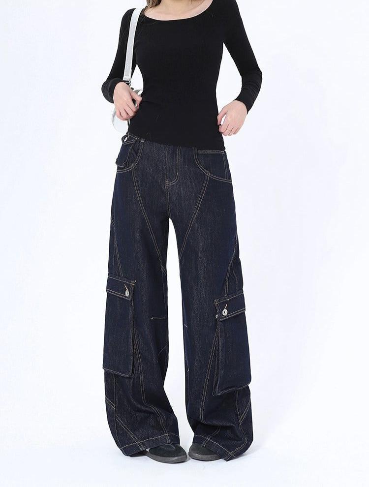 Lazy Oversized Pocket Stitched Detail Cargo Jeans-korean-fashion-Jeans-Lazy's Closet-OH Garments