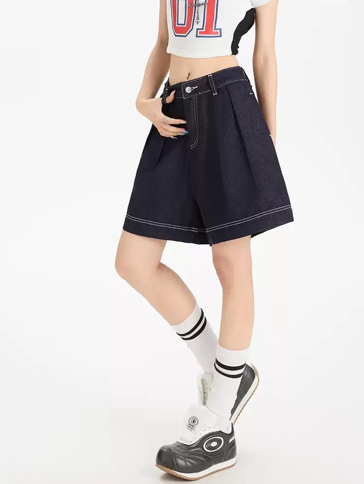 Lazy Pleated & Stitiched Denim Shorts-korean-fashion-Shorts-Lazy's Closet-OH Garments