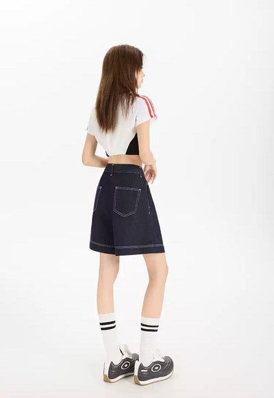 Lazy Pleated & Stitiched Denim Shorts-korean-fashion-Shorts-Lazy's Closet-OH Garments