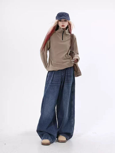 Lazy Pleated Wide Leg Jeans-korean-fashion-Jeans-Lazy's Closet-OH Garments