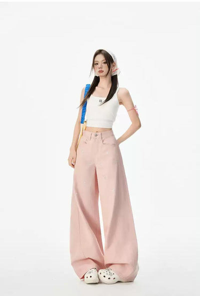 Lazy Rhinestoned Curved Cut Jeans-korean-fashion-Jeans-Lazy's Closet-OH Garments