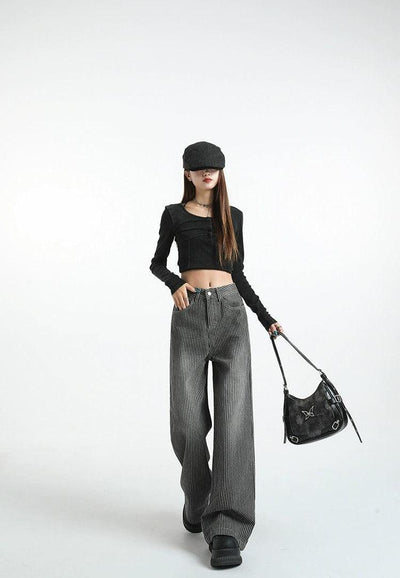 Lazy Striped Pattern Wide Leg Jeans-korean-fashion-Jeans-Lazy's Closet-OH Garments