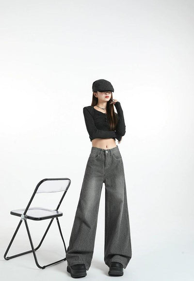 Lazy Striped Pattern Wide Leg Jeans-korean-fashion-Jeans-Lazy's Closet-OH Garments
