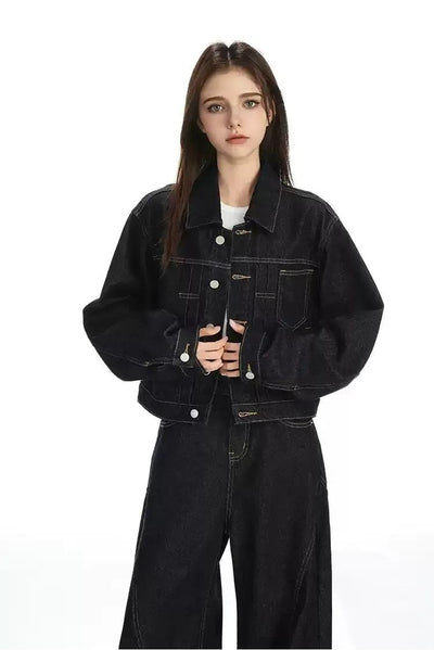Lazy Topstitching Buttoned Denim Jacket-korean-fashion-Jacket-Lazy's Closet-OH Garments