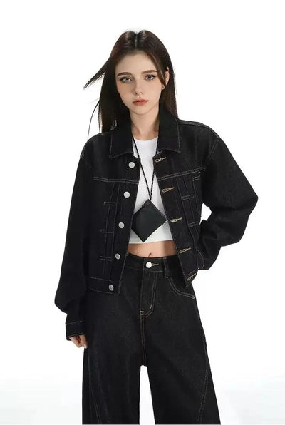 Lazy Topstitching Buttoned Denim Jacket-korean-fashion-Jacket-Lazy's Closet-OH Garments