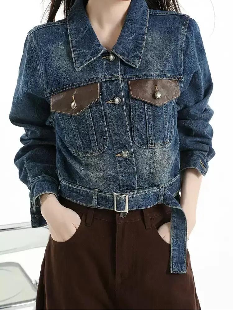 Lazy Washed Leather Flap Pocket Denim Jacket-korean-fashion-Jacket-Lazy's Closet-OH Garments
