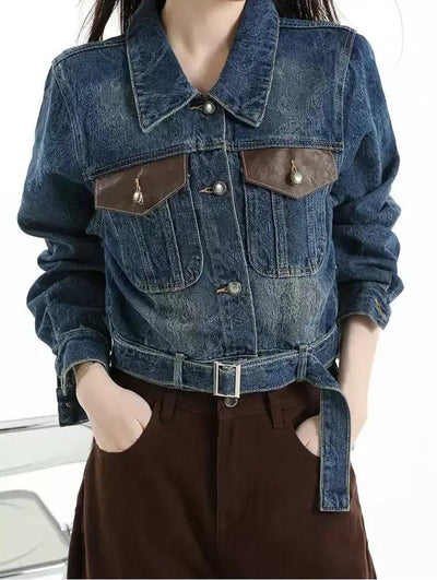 Lazy Washed Leather Flap Pocket Denim Jacket-korean-fashion-Jacket-Lazy's Closet-OH Garments