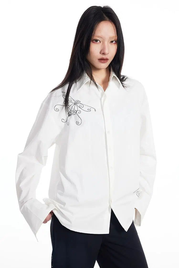 Light Butterfly Embroidery Long Sleeve Shirt-korean-fashion-Shirt-Light's Closet-OH Garments