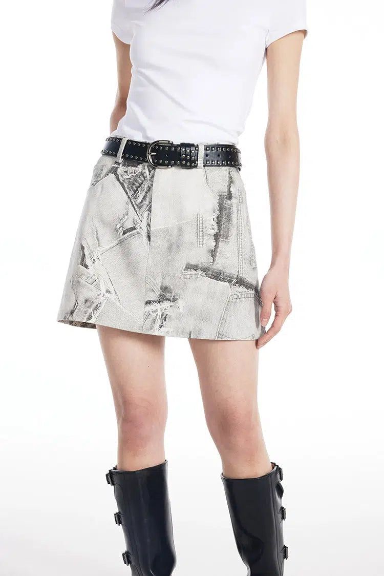 Light Faded Retro Print Denim Skirt-korean-fashion-Skirt-Light's Closet-OH Garments