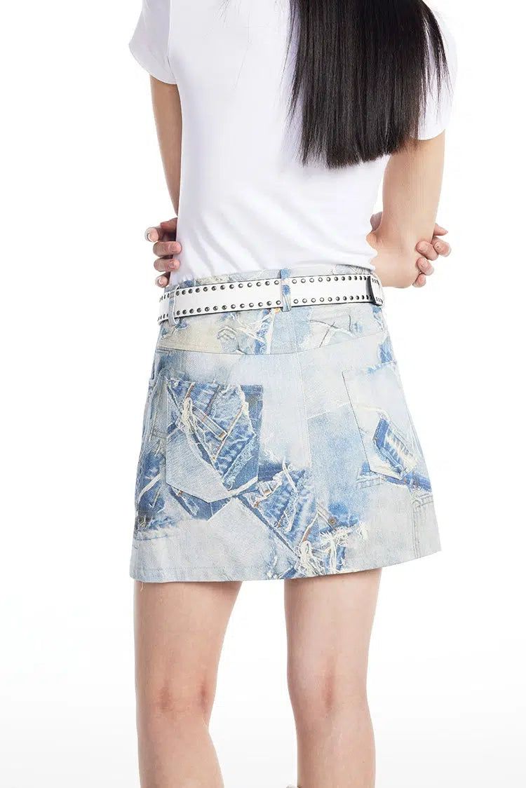 Light Faded Retro Print Denim Skirt-korean-fashion-Skirt-Light's Closet-OH Garments