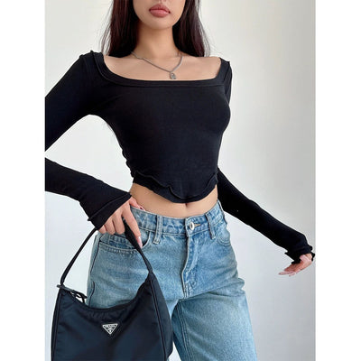 Livia Plain Triangle Hem Cropped Long Sleeve T-Shirt-korean-fashion-T-Shirt-Livia's Closet-OH Garments